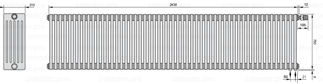 Схема (чертеж) Радиатор Zehnder Charleston 6075/53 №V002 Белый глянцевый RAL 9016